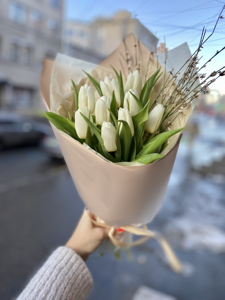 Белые тюльпаны и гениста